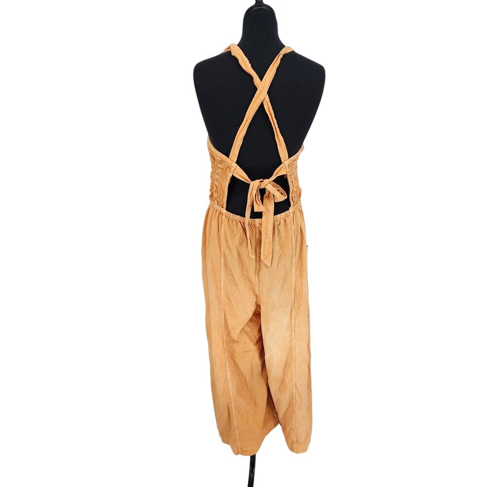 Free People Forever Always Melo Pearl Smocked Tie Back Wide Leg Boho Jumpsuit L - Picture 4 of 13